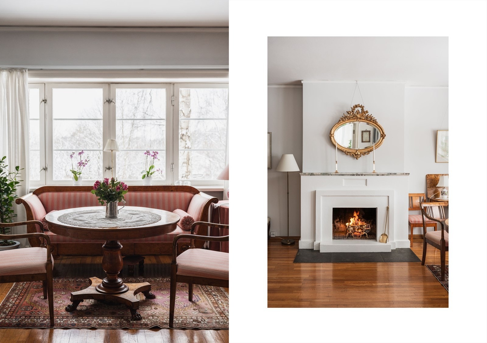 Store vindusflater i stuen og koselig peis. Galleribilde