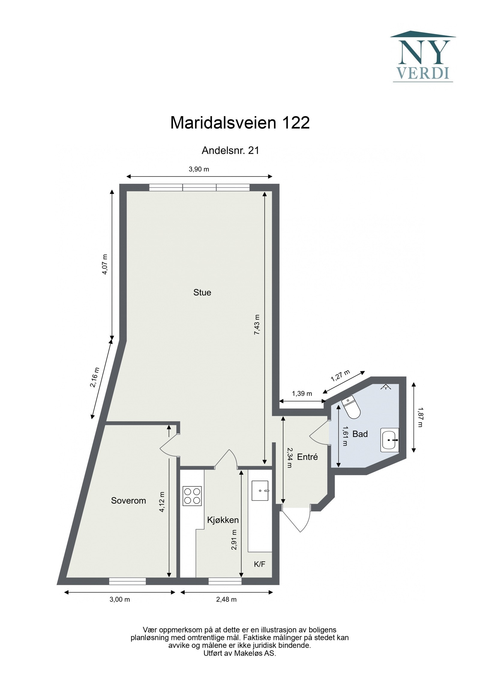 Plantegning 3. etasje. I tillegg disponerer leiligheten en kjellerbod på ca. 3m². Heis i bygget. Galleribilde