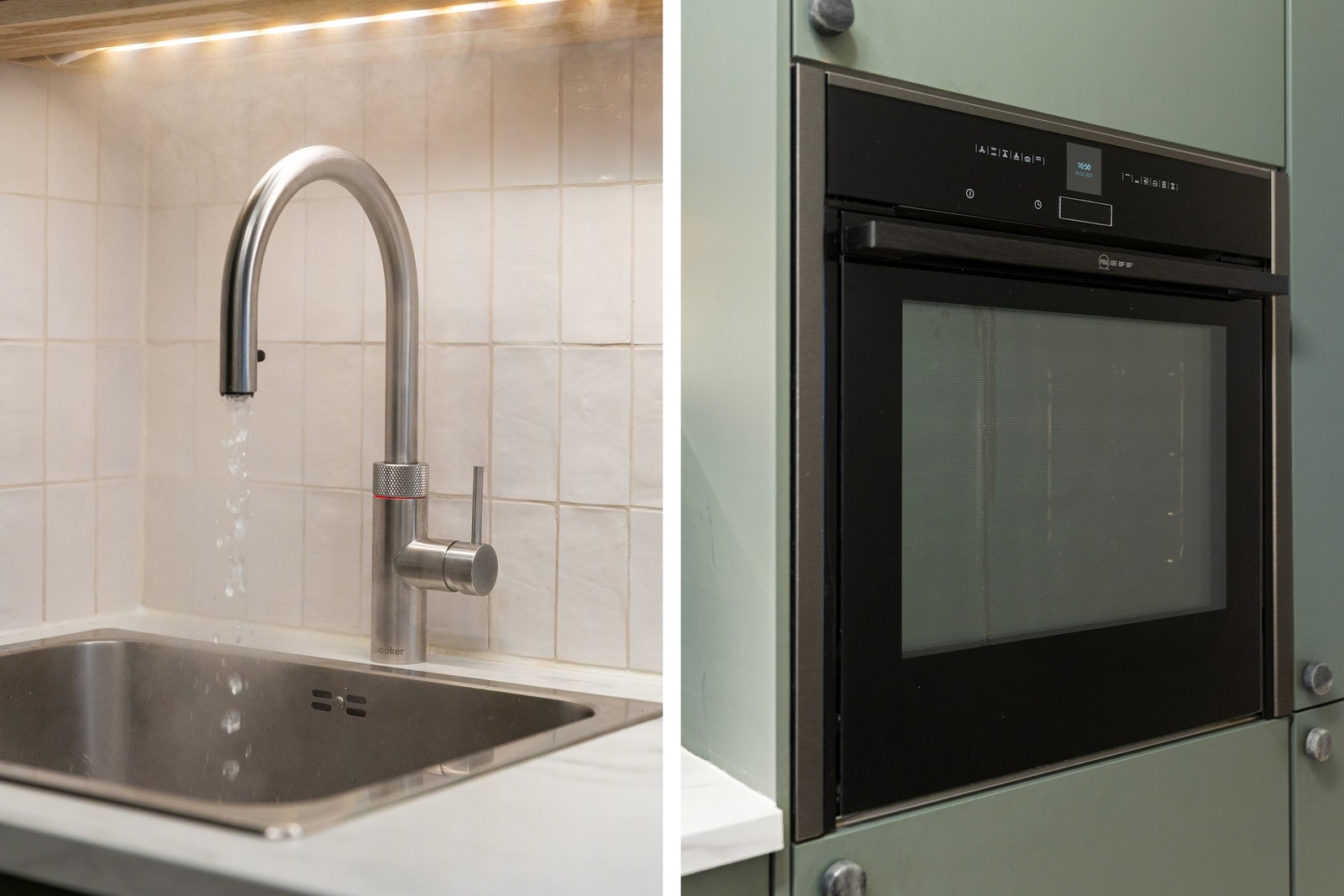 Kjøkkenet er utstyrt med oppvaskkum og ventilator, samt integrerte hvitevarer bestående av induksjonstopp, kjøl/frys og oppvaskmaskin. Stekeovnen er fra NEFF med praktisk Slide & Hide -løsning, hvor ovnsdøren skyves inn under ovnen og gir enklere tilgang Galleribilde