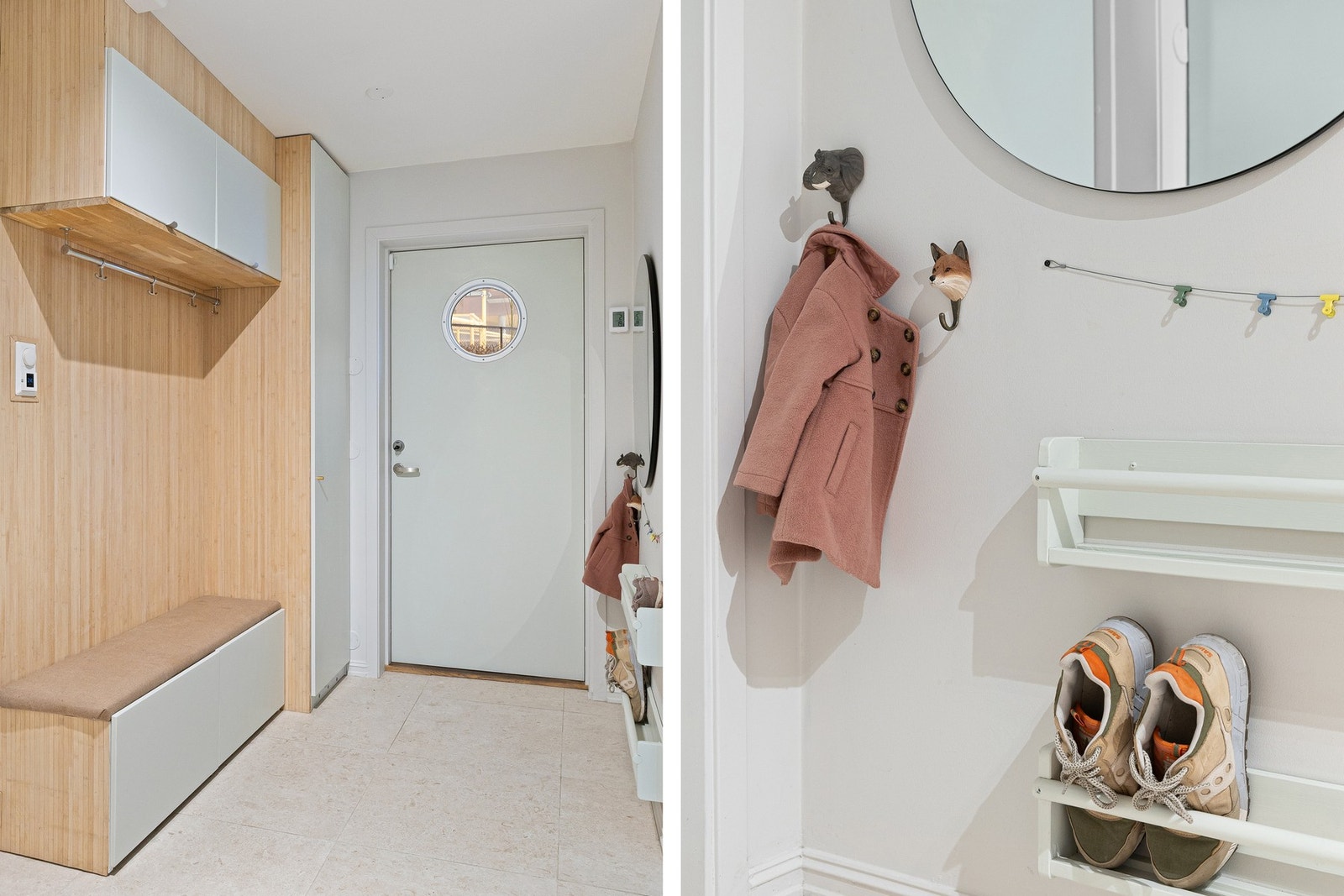 Entréen er romslig og praktisk utformet med flislagt gulv og varmekabler, noe som gir en slitesterk og komfortabel løsning, særlig i vinterhalvåret. Gangen er utvidet sammenlignet med opprinnelig planløsning, da den tidligere var delt i to. Galleribilde