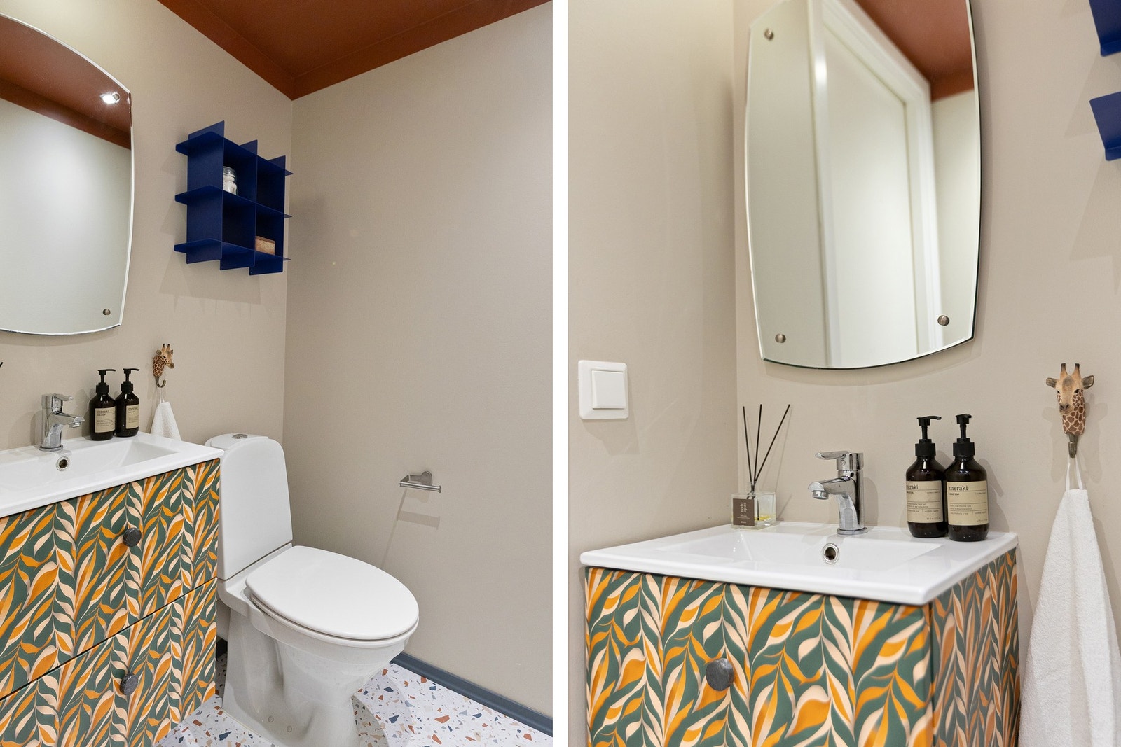 Toalettrom med en stilren og funksjonell utforming. Rommet er innredet med glatt baderomsinnredning og servant nedfelt i underskap som gir praktisk oppbevaring. Servantskapet er foliert, noe som gir rommet et særpreg, og folien kan ved ønske fjernes eller Galleribilde