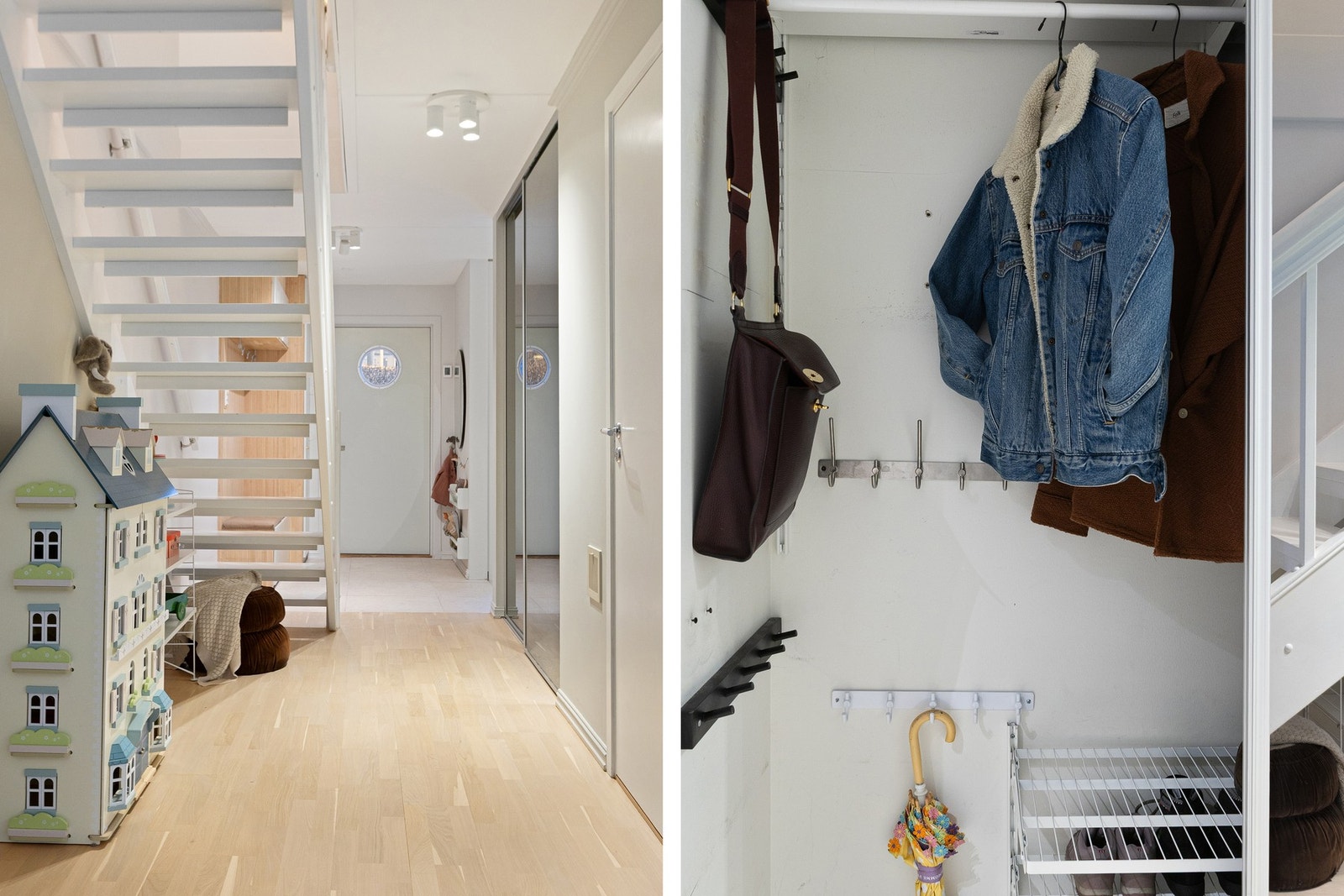 Videre i gangen finnes en romslig skyvedørsgarderobe som gir rikelig med ekstra oppbevaringsplass. Galleribilde