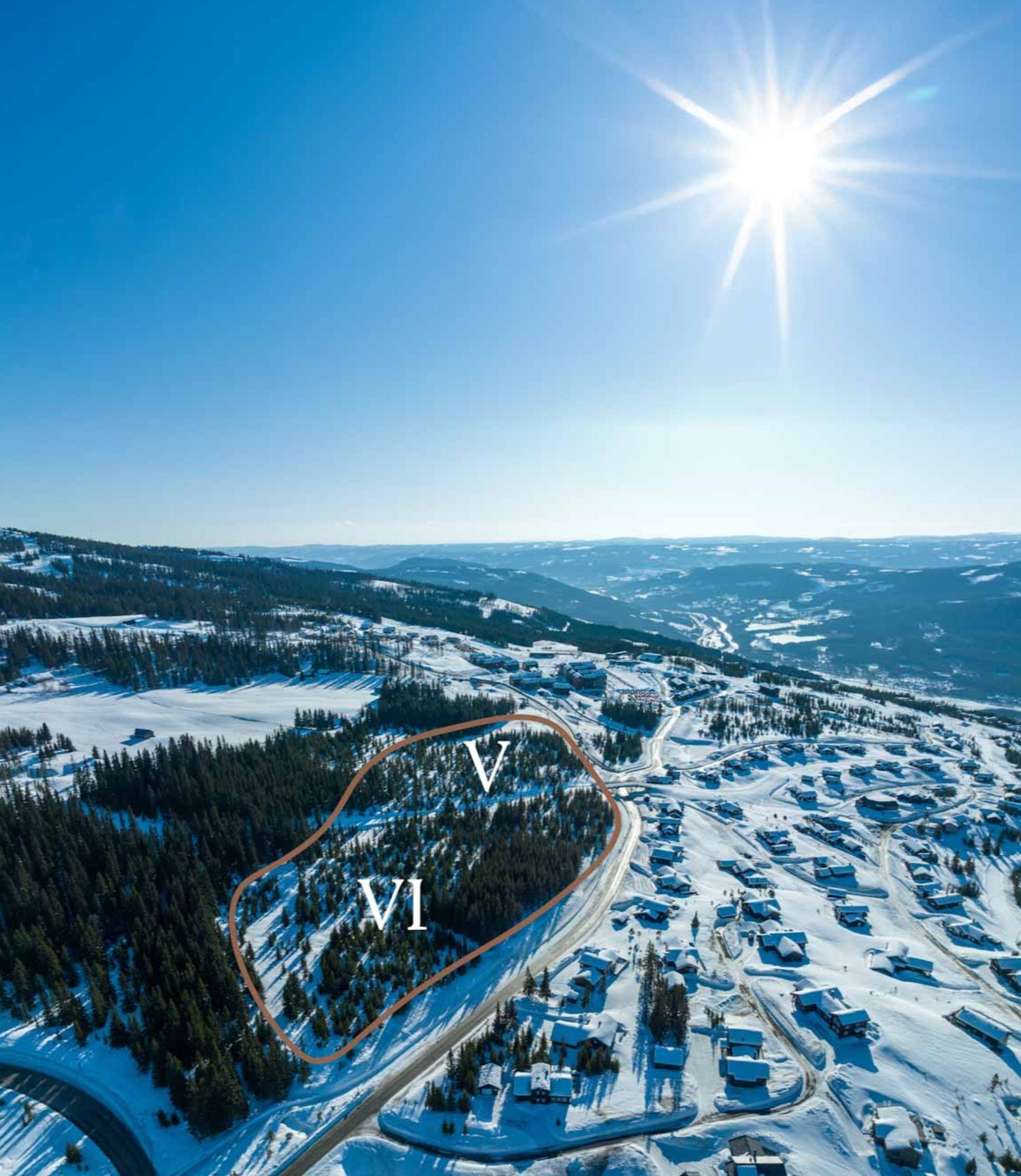 Tomteområde V og VI på Mosetertoppen markert. Tomt i annonsen ligger i felt VI Galleribilde