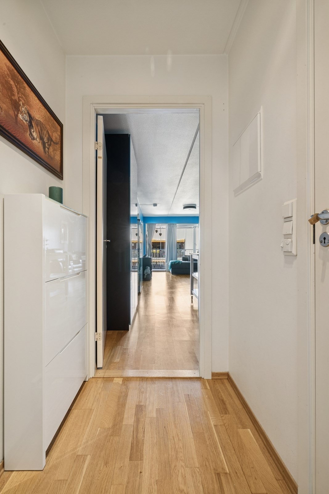 Leiligheten har adkomst via felles gang og heis, og du ønskes velkommen inn i en trivelig entré med parkett på gulvet og lyse vegger Galleribilde