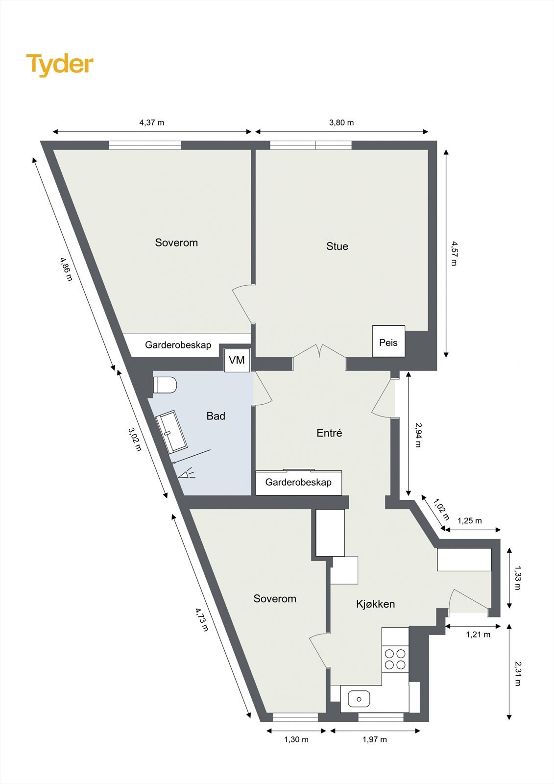 Plantegning som inneholder: Entré, stue, kjøkken, to soverom og bad. Galleribilde