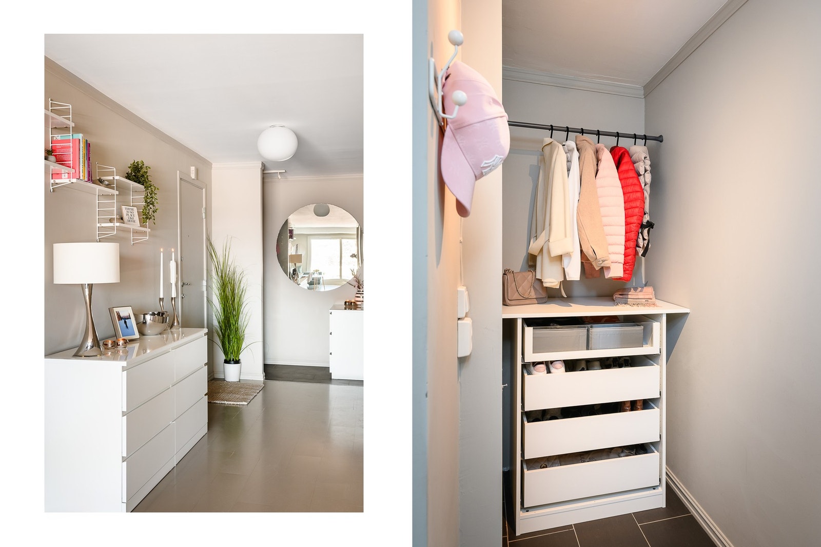 I entreen er det en egen garderobesone, med fliser på gulvet og plass til ulike garderobeløsninger. Leiligheten har gode lagringsmuligheter, inkludert en isolert bod i fellesareal. Galleribilde