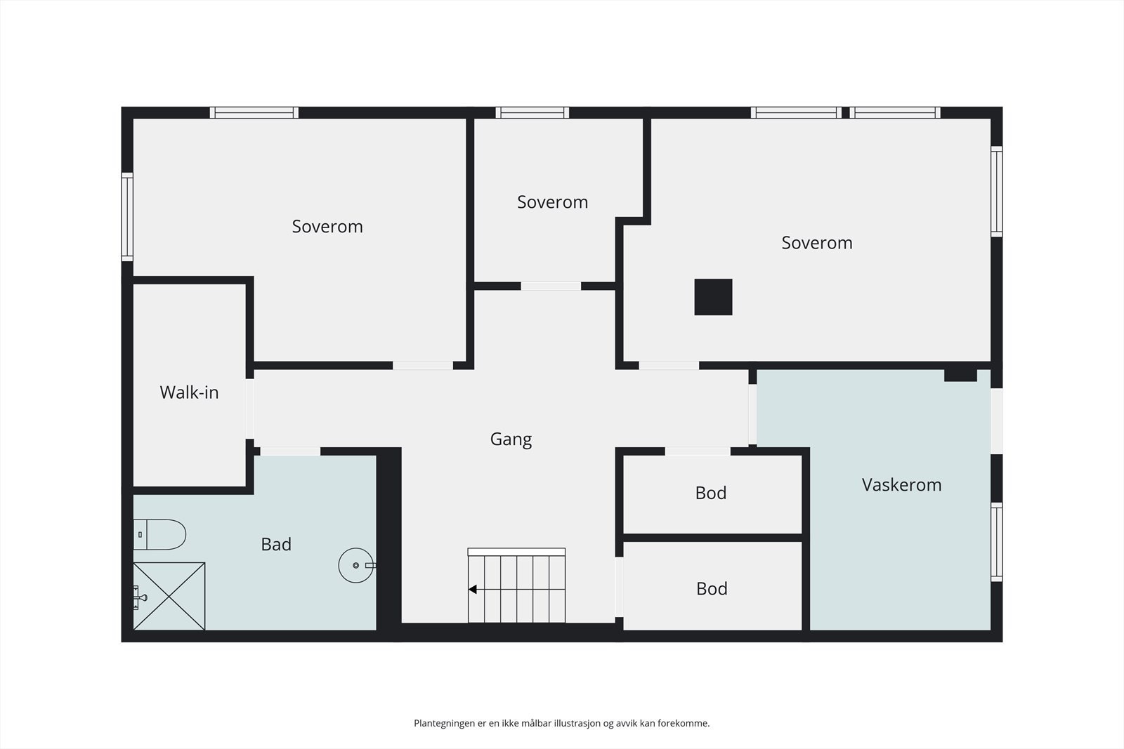 Plantegningen i kjeller illustrerer nåværende rominndeling. To av dagens soverom samsvarer ikke med godkjente byggetegninger og er ikke formelt godkjent som rom for varig opphold. Galleribilde