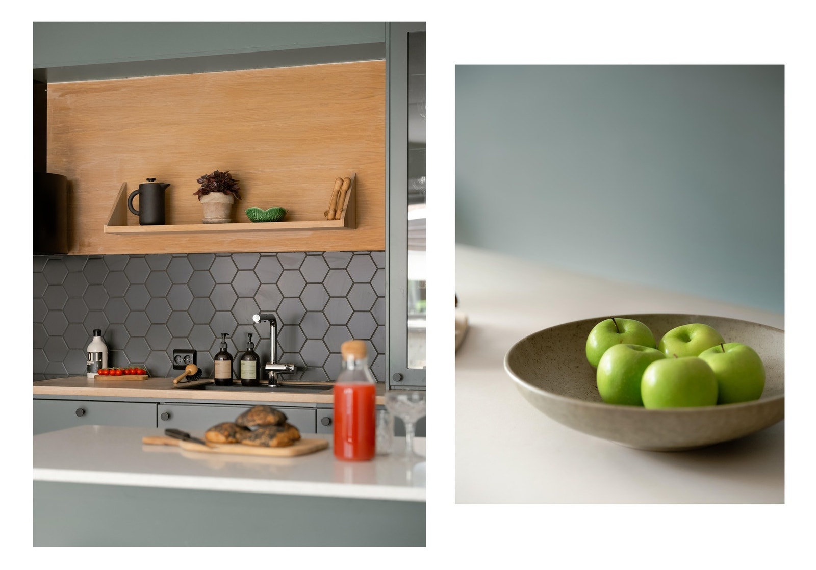 Kjøkkenet har stilige elementer som skiller det fra mengden. Vi tenker da på treplatene og ikke eplene, selv om de er fine de altså. Galleribilde