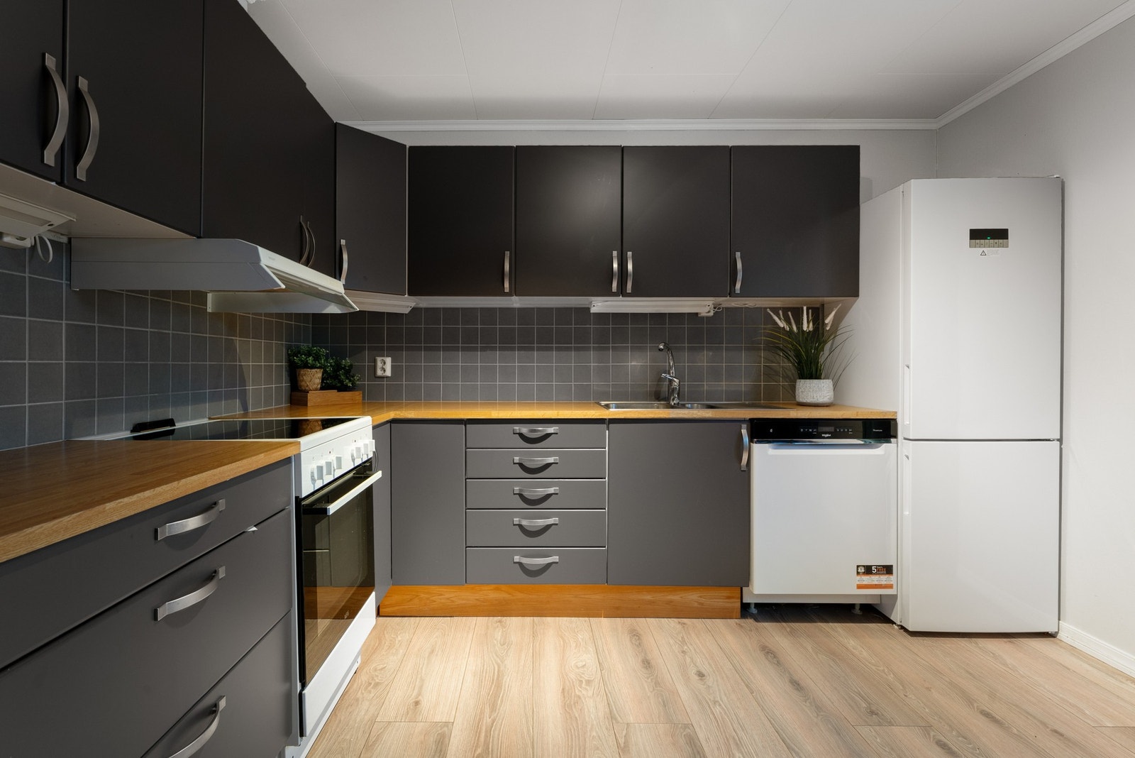 Funksjonell kjøkkeninnredning med slette/ glatte fronter. Galleribilde