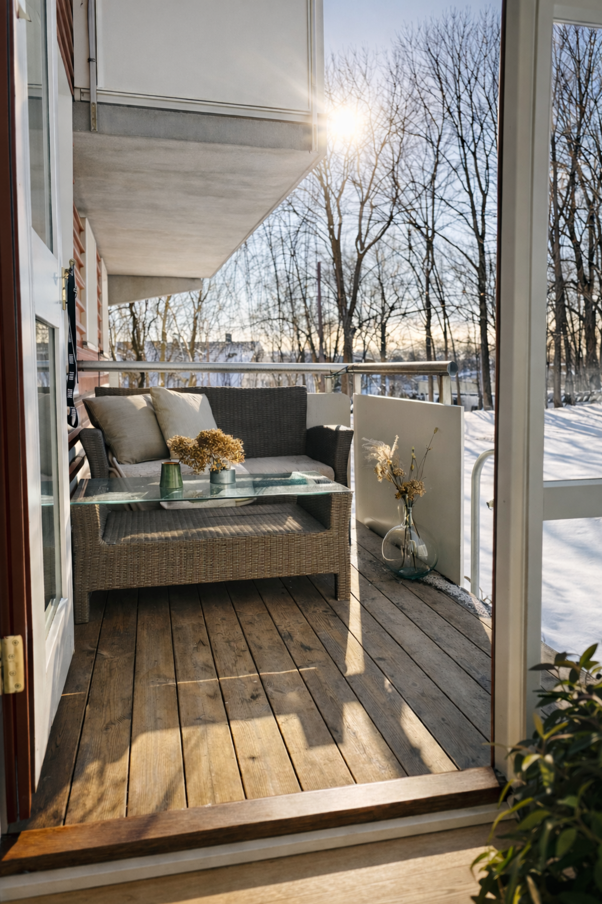 Utgang til lun og fin terrasse med ettermiddagssol og utsikt mot friarealer. Galleribilde