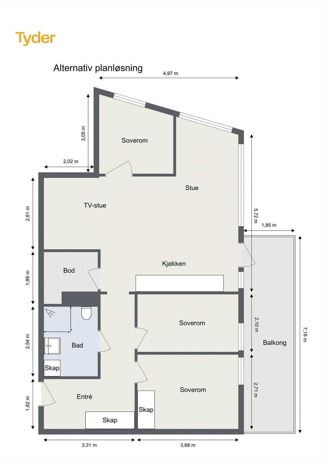 Alternativ plantegning med 3 soverom.
Plantegningen er utarbeidet som en illustrasjon. Det er ikke vurdert om løsningen lar seg gjennomføre teknisk eller i henhold til gjeldene regelverk, og endringer kan derfor vise seg å ikke være mulige. Galleribilde