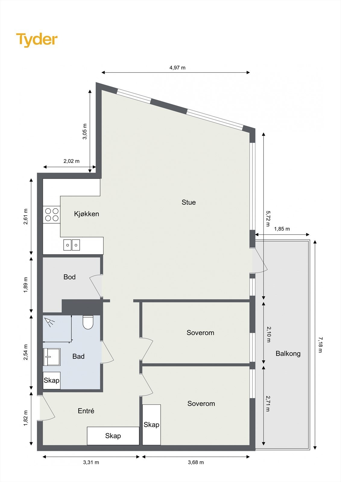 Oppmålt plantegning for leiligheten. Galleribilde