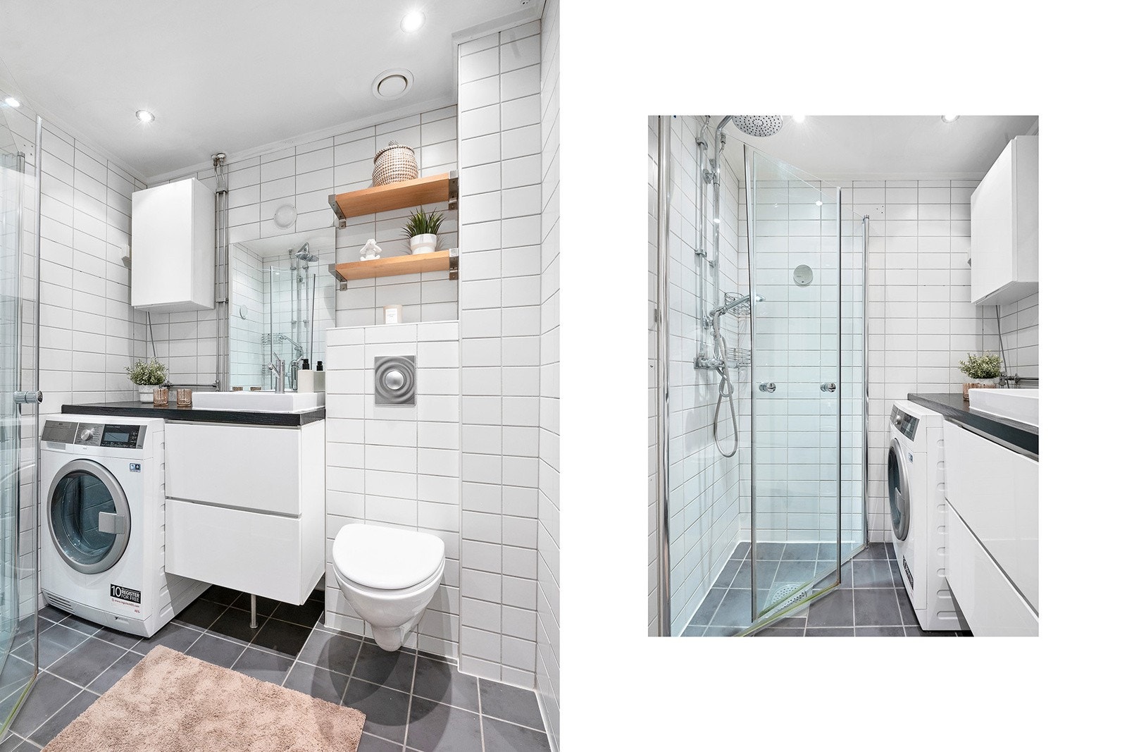 Badet inneholder vegghengt toalett, servant med skuffer under, dusj i hjørne med innad slående dører, samt opplegg for vaskemaskin. Galleribilde