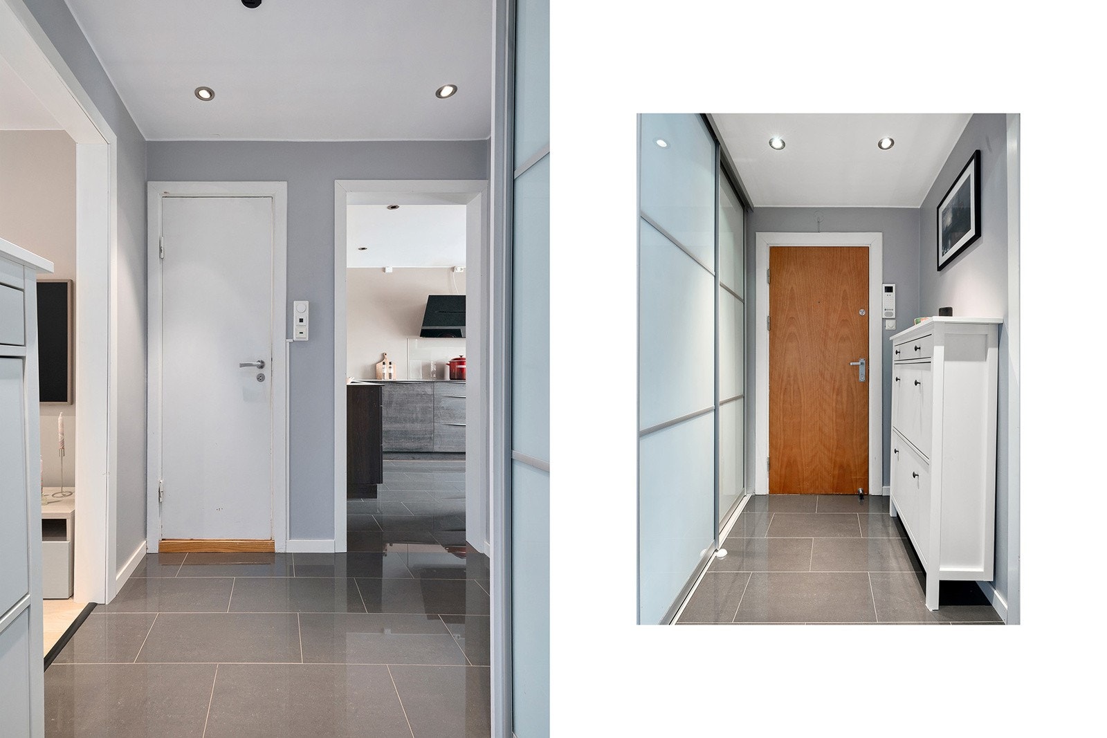 Innbydende og romslig entré med skyvedørsgarderobe og gode oppbevaringsmuligheter. Galleribilde