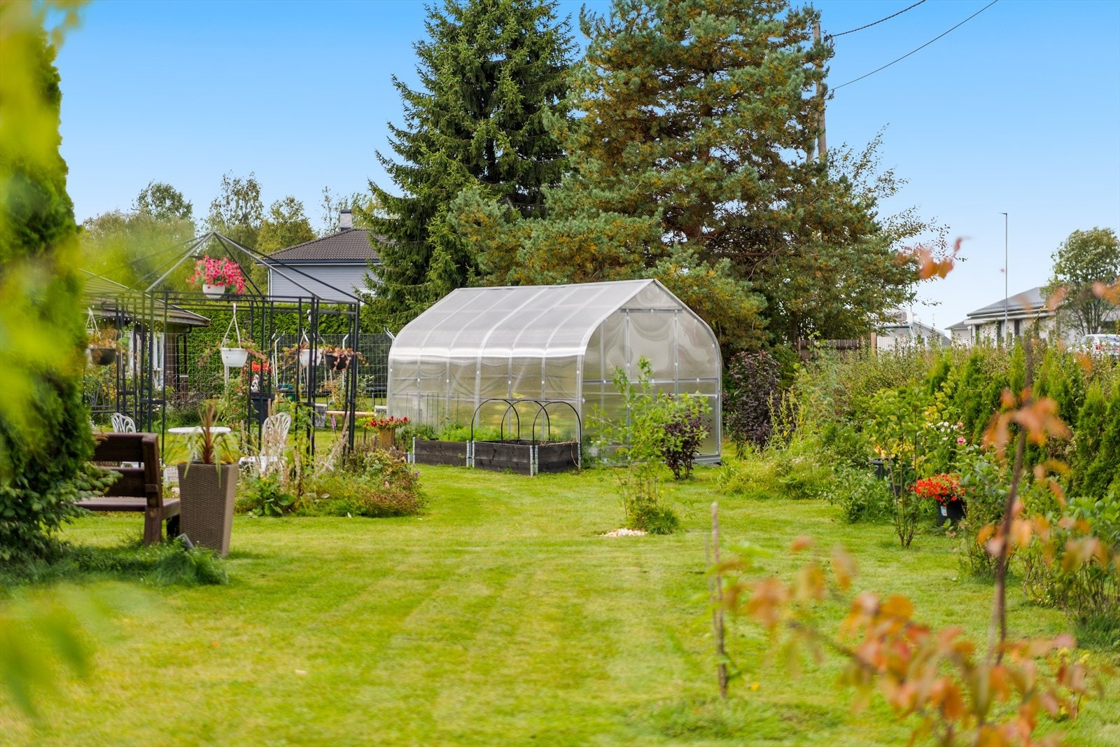 I hagen er det veksthus og kasser for dyrking. Galleribilde