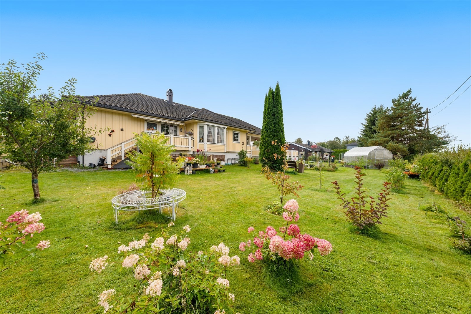 Frodig og nydelig opparbeidet hage med hekk og gjerde mot vei. Her vil både to- og firbente trives. Galleribilde