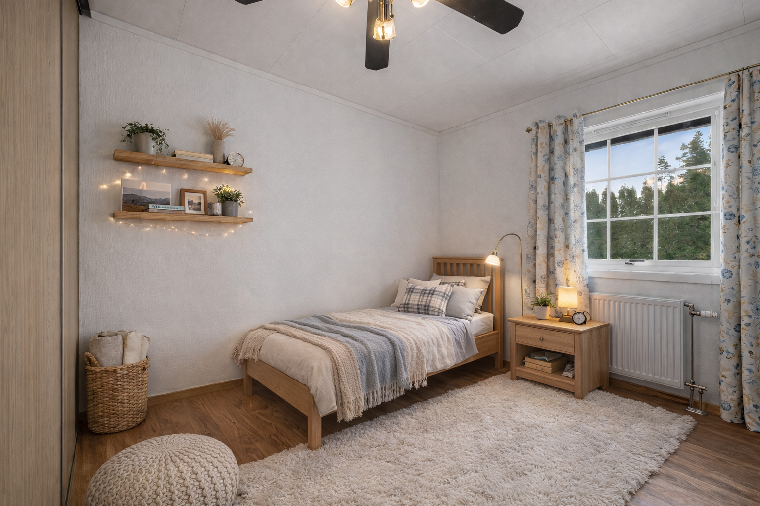 Soverom i 3-roms del. Rommet er innredet ved hjelp av KI. Noe avvik kan forekomme. Galleribilde