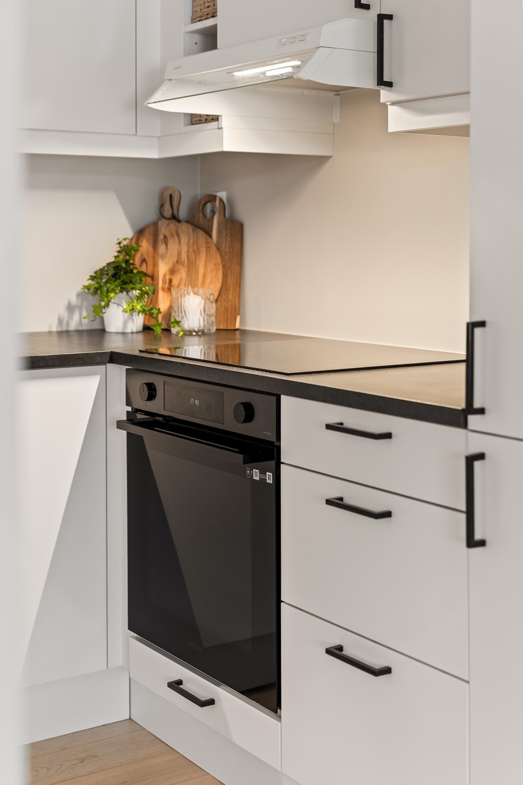 Integrert stekeovn og platetopp, samt ventilator over kokesonen. Galleribilde