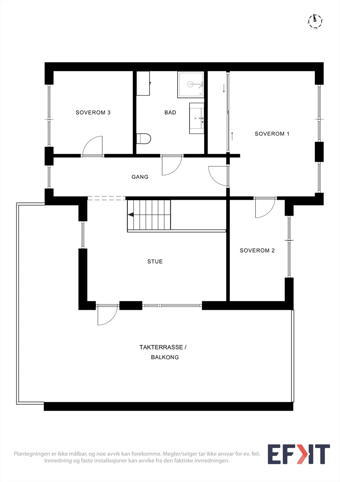 Andre etasje inneholder tre soverom, bad og en ekstra stue med utgang til takterrasse. Galleribilde