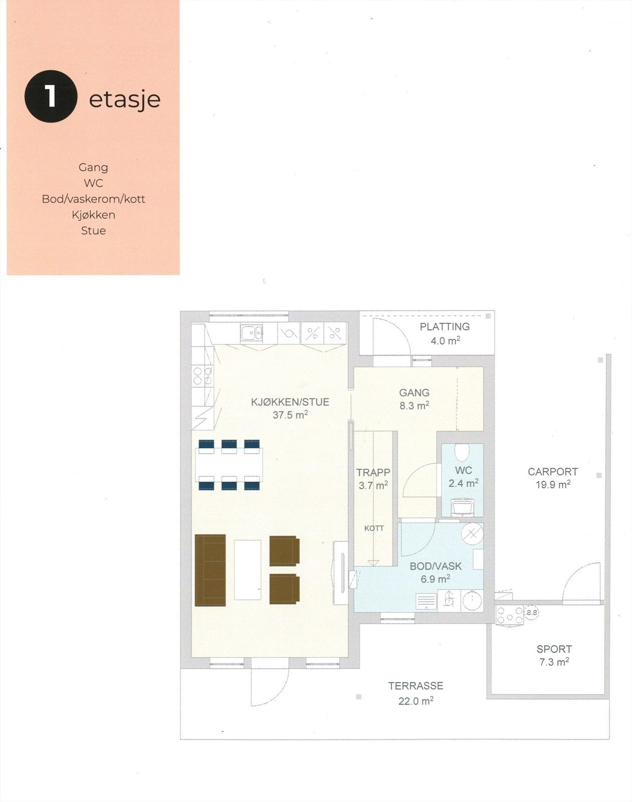 Salgstegning opprinnelig - Plan 1. Carport er bygd om til Garasje. Legg merke til smart gjennomgang fra garasje via bod til hage/terrasseside som er lagt til. Galleribilde