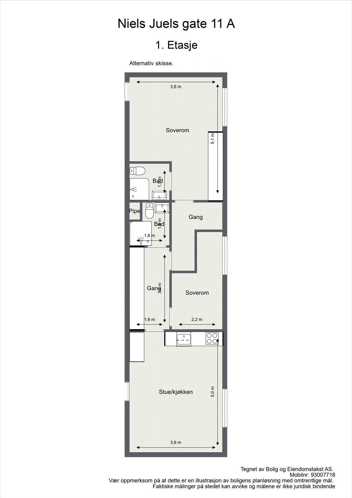 Alternativ planskisse der stort soverom 2 får egen gang/kontorplass inn til resten av leiligheten Galleribilde