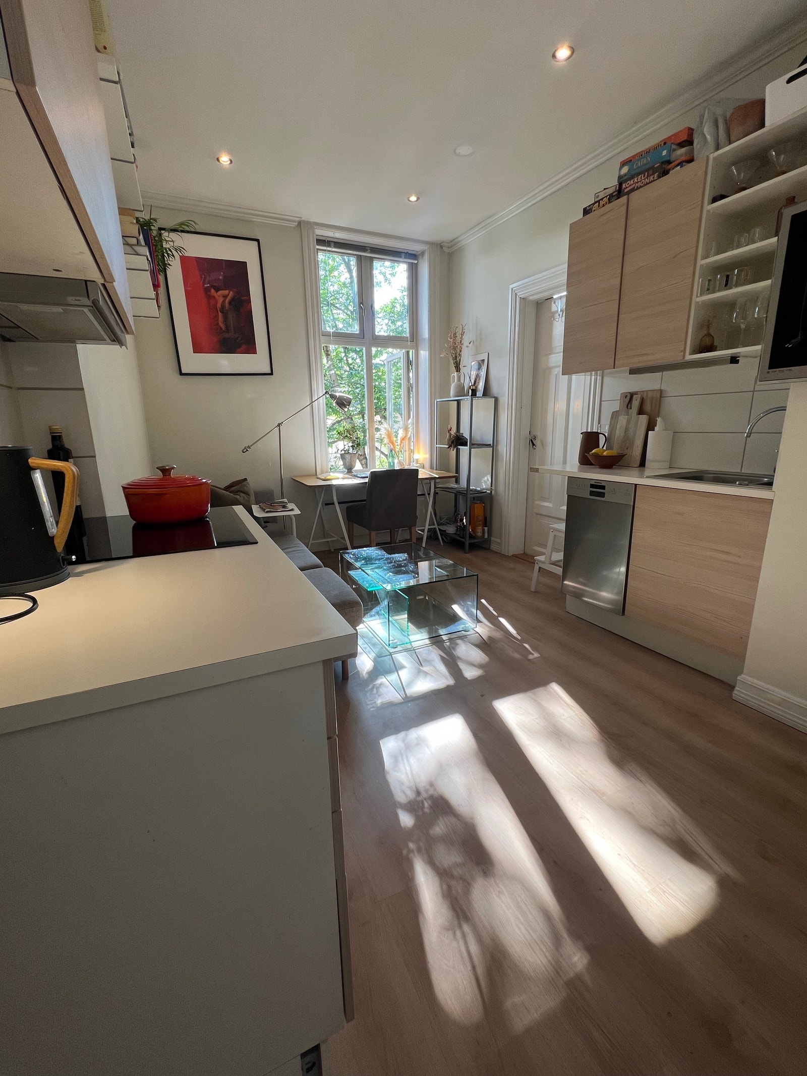 Kjøkken/stue sett fra inngangsdør entre (dør til entre kan lukkes). Dør inn til soverom i høyre hjørne. Galleribilde