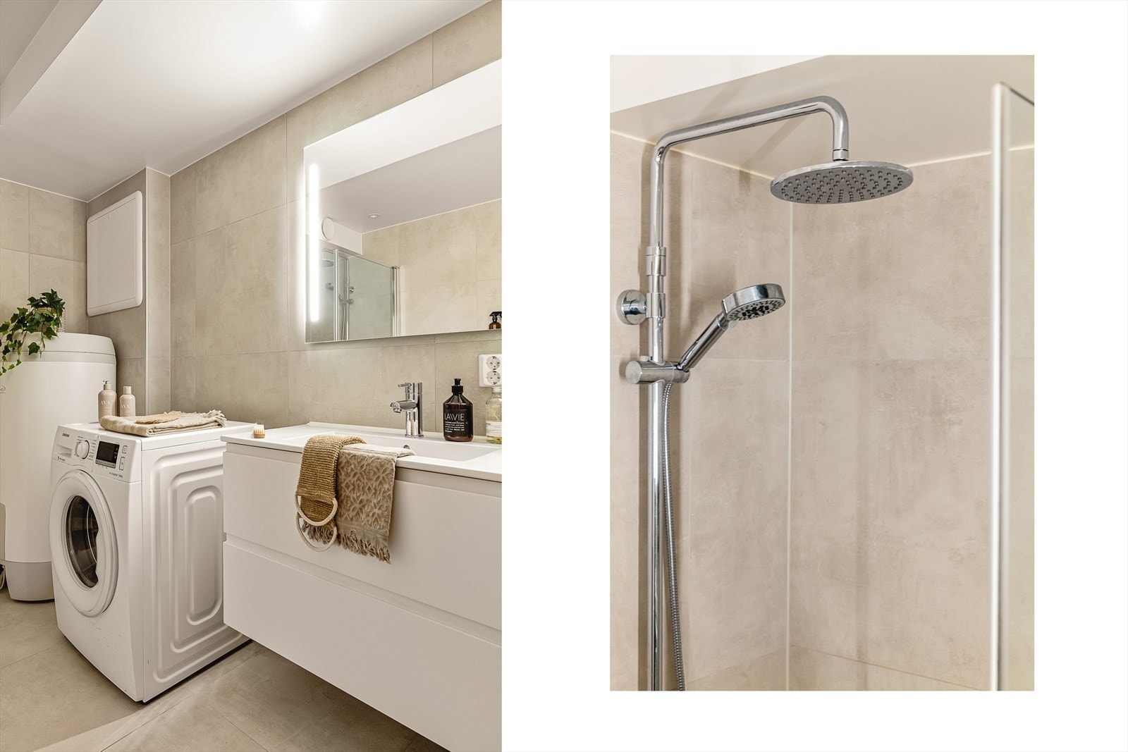 Opplegg for vaskemaskin gjør rommet både praktisk og gjennomført. Galleribilde