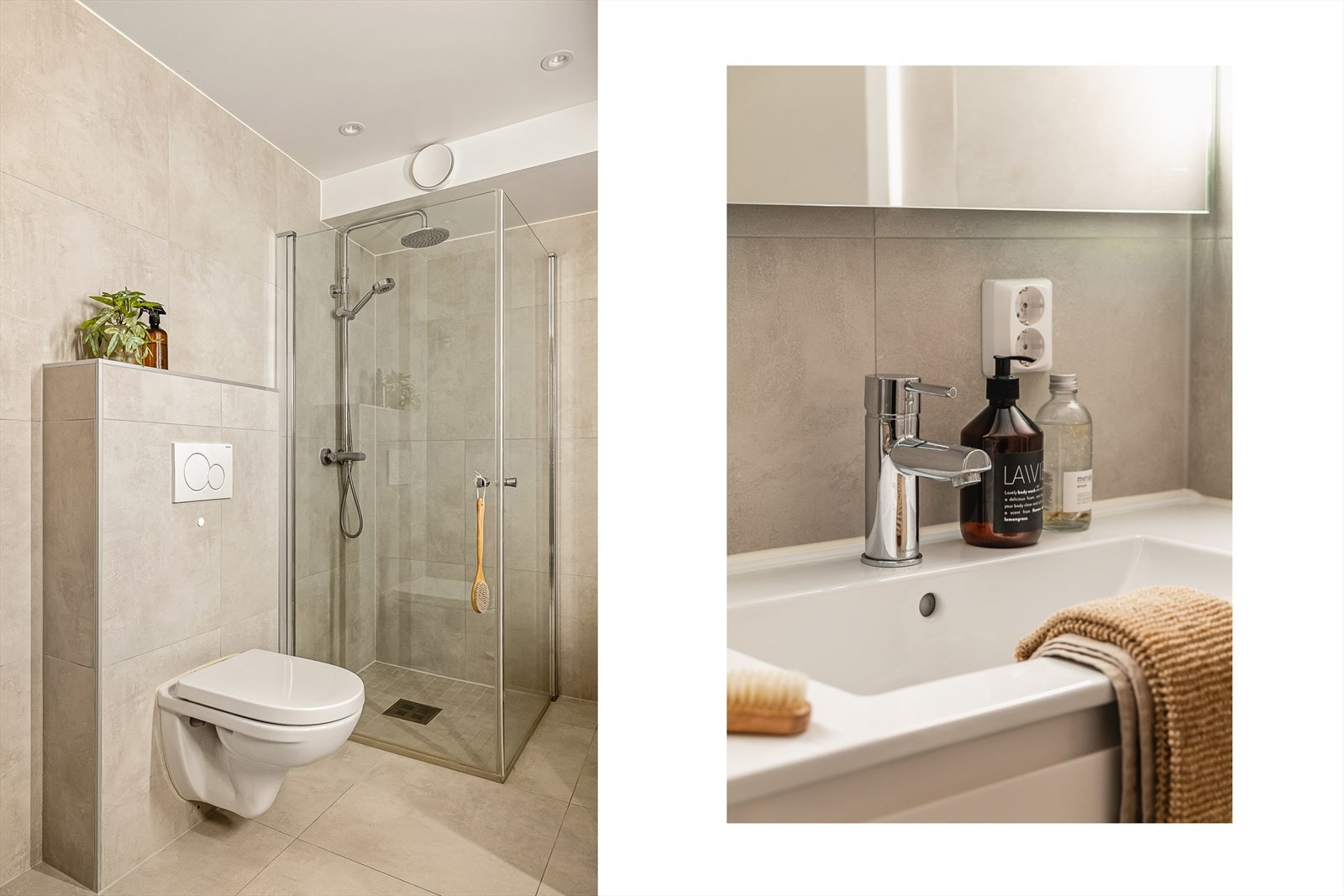 Varmekabler i gulvet gir en lun følelse året rundt, og badet fremstår stilrent med innredning med nedfelt servant, vegghengt toalett og dusj med glassvegger. Galleribilde