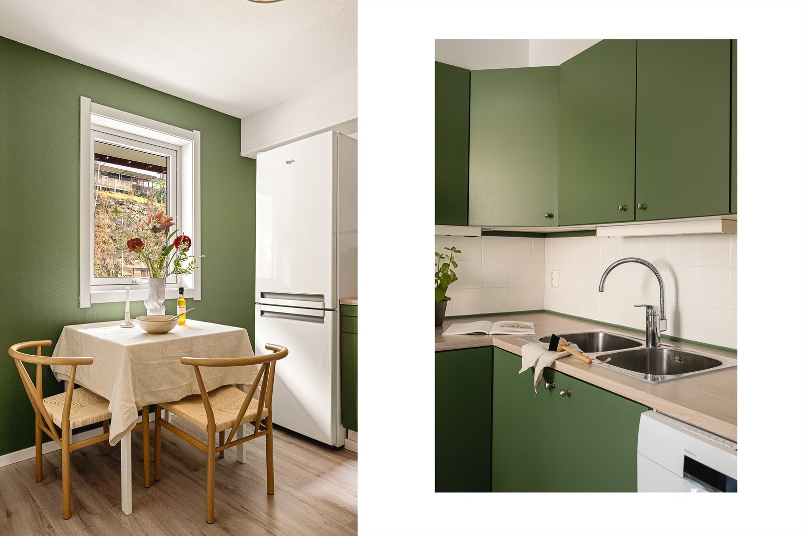 Kjøkken med laminat benkeplate som er oppgradert med kontaktplast. Kjøkkenet er utstyrt med kjøleskap, oppvaskmaskin og stekeovn. Klart for både hverdag og selskap! Galleribilde