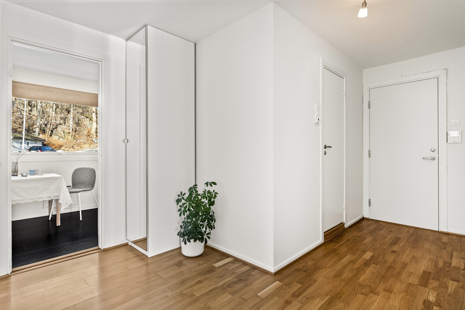 Velkommen inn i en nymalt entre/ gang med garderobeskap Galleribilde