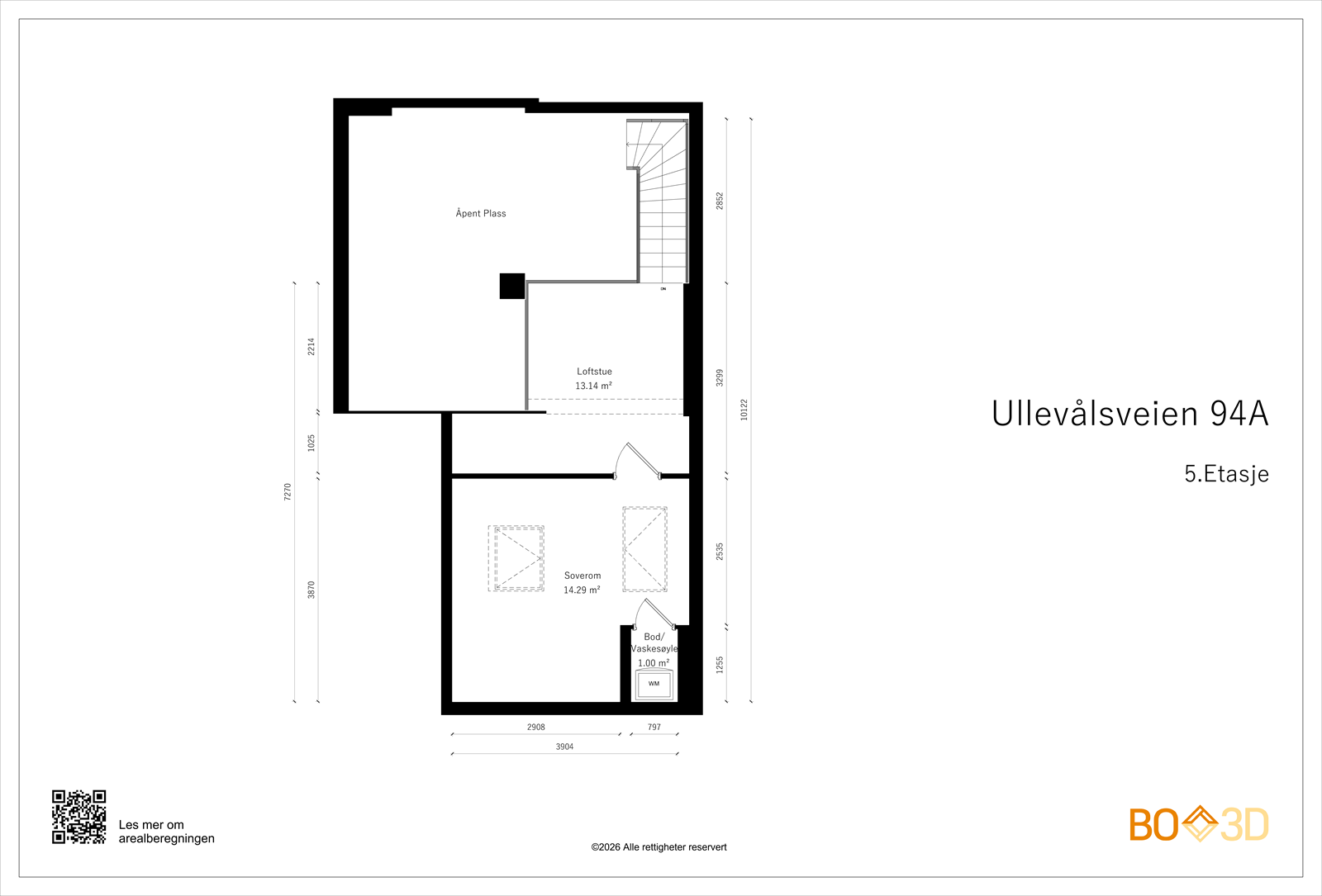Plantegning 5. etasje - Soverom og loftsstue av god størrelse - Perfekt som barnerom, hjemmekontor eller gjesteavdeling. Galleribilde