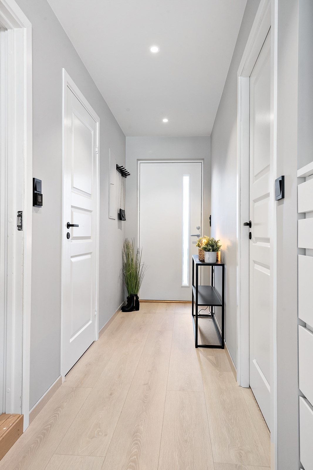 Det er listefrie løsninger rundt dører og tak i entréen. Galleribilde