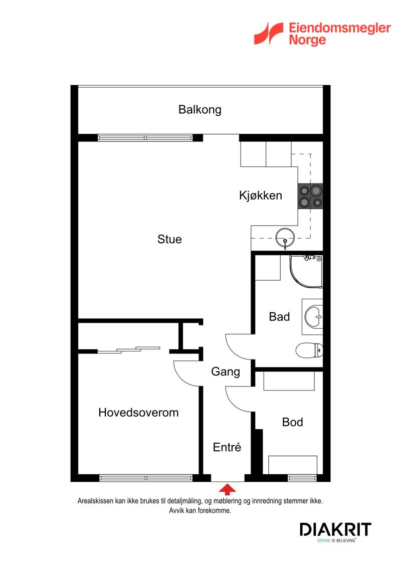 Planløsningen viser en åpen stue/kjøkken-løsning med utgang til balkong, som gir enkel tilgang til uteområdet. Galleribilde