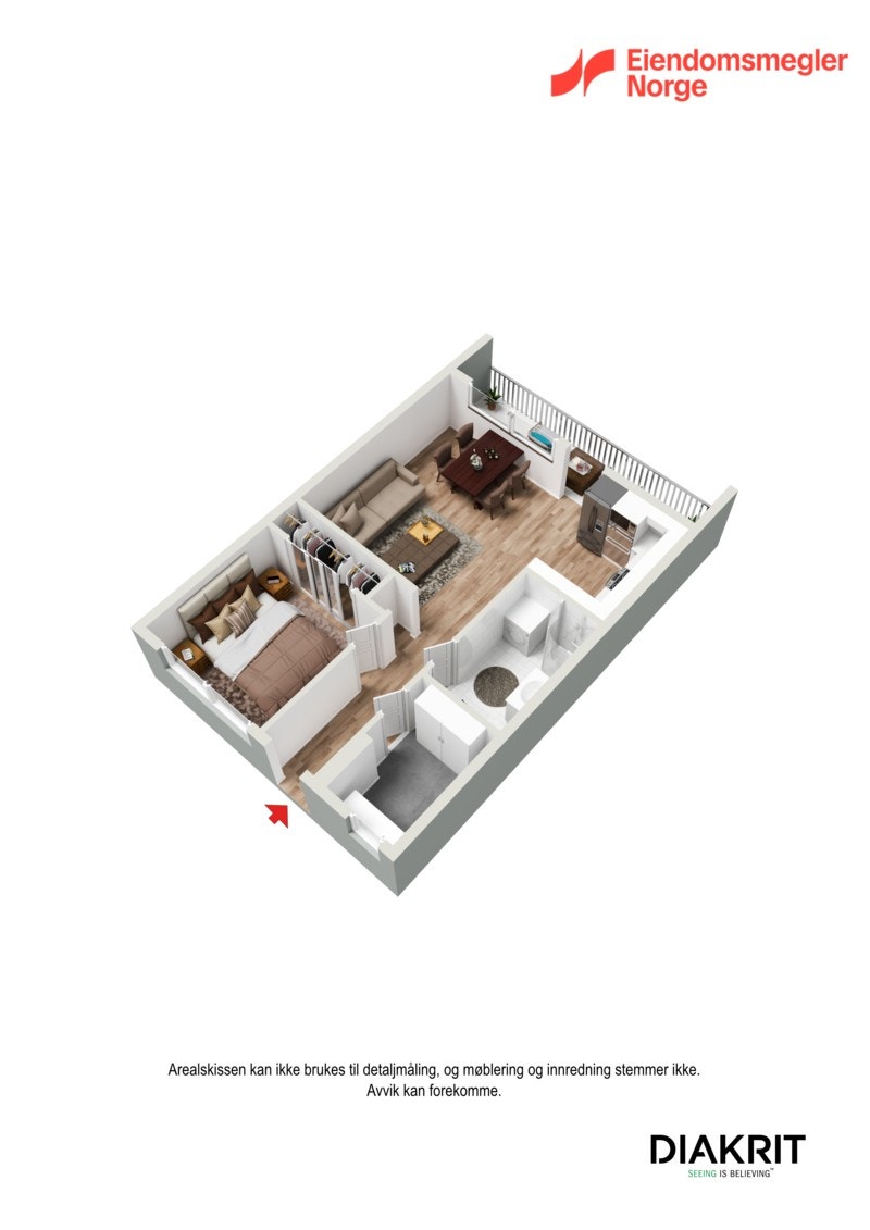 3D-illustrasjonen viser praktisk møblering med spiseplass i stue, og innebygget garderobeskap på hovedsoverommet. Galleribilde