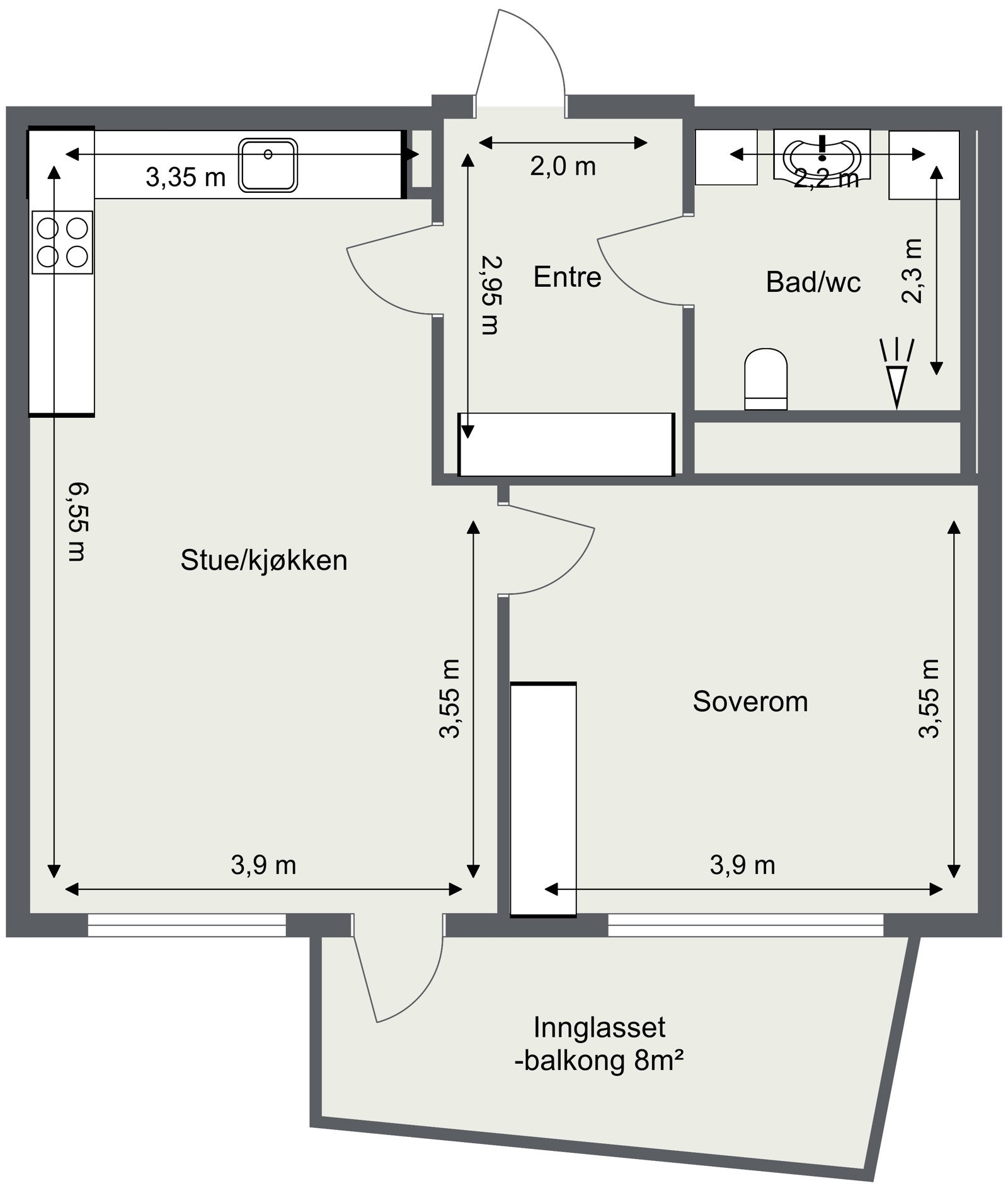 Innhold: Entré, bad/wc, soverom og stue/kjøkken. Galleribilde