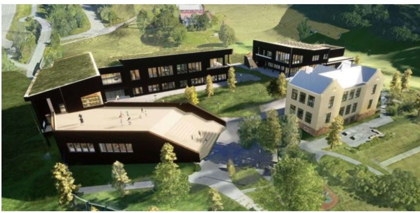 Boligen sokner til Klemetsrud skole som for tiden er under oppgradering. Slik vil skolen se ut når den er ferdigstilt i 2027. Galleribilde