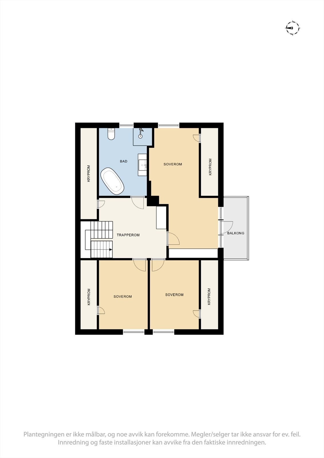 2. etasje. Vedlagte plantegninger gjenspeiler dagens planløsning slik den fremtår i dag og er i strid med godkjente byggetegninger/godkjent bruk. Se punkt "Ferdigattest/Brukstillatelse" i salgsoppgaven. Galleribilde