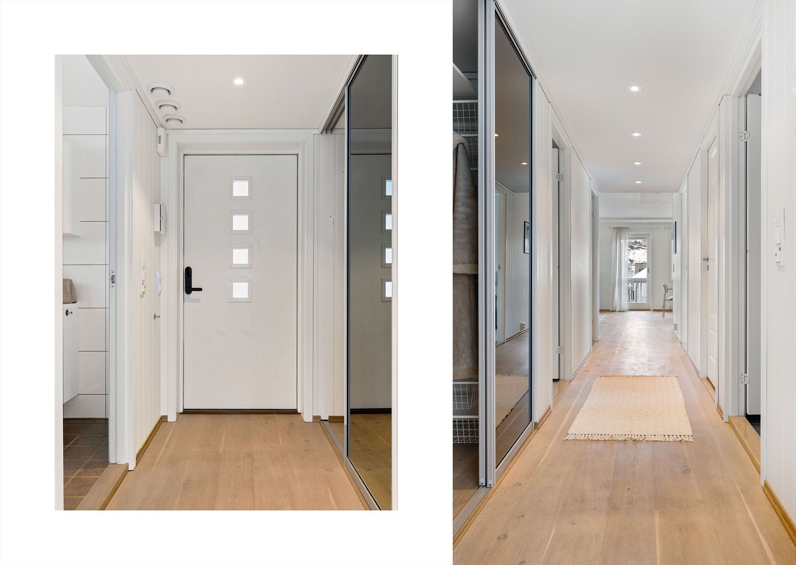 Innenfor inngangsdøren møtes du av en lys og innbydende entré med downlights i himlingen. Her er det etablert en praktisk skyvedørsgarderobe med speilfronter, som gir gode oppbevaringsmuligheter for yttertøy og sko. Galleribilde