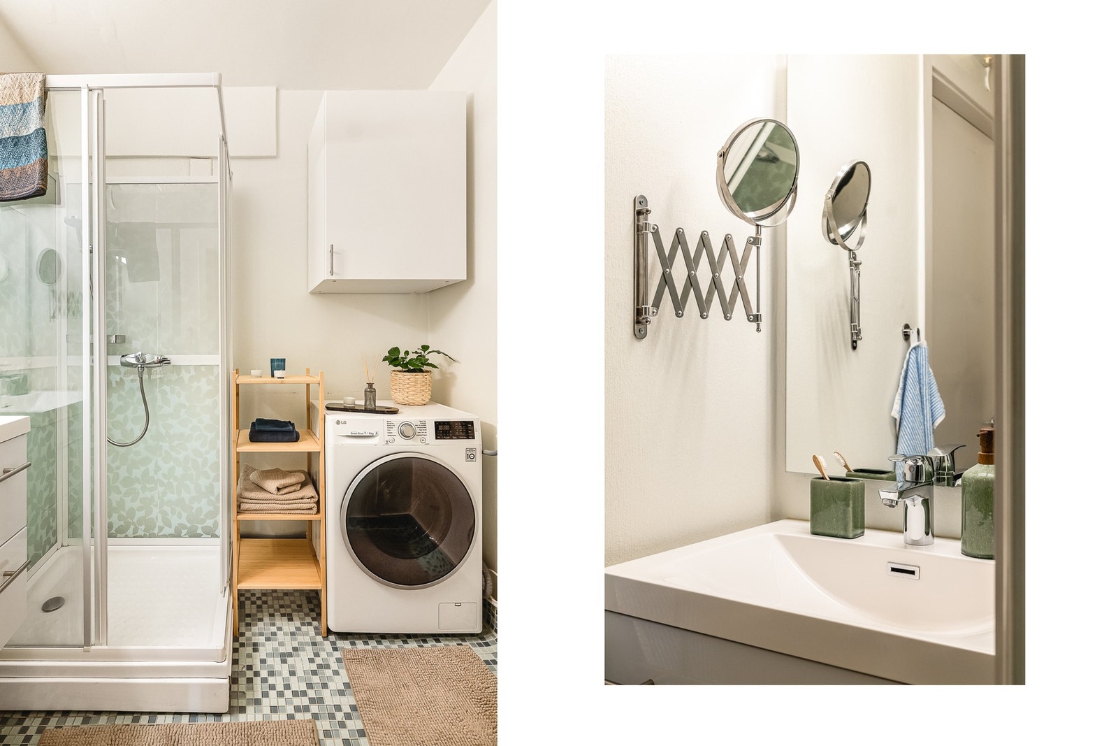 Badet inneholder innredning med servant, dusjkabinett, speil og belysning Galleribilde