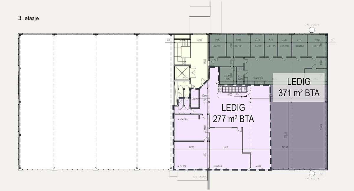 Plantegning 3. etasje - ledig 277 kvm BTA lager og 371 kvm BTA lager/kontor/showrom Galleribilde
