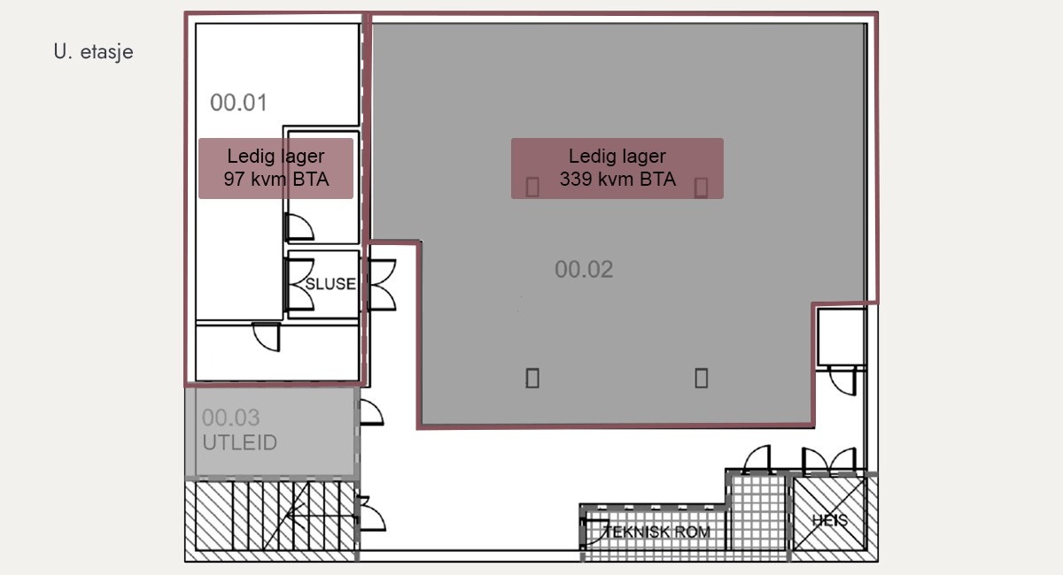 U. etasje (97 kvm og 339 kvm BTA lager) - plantegning Galleribilde