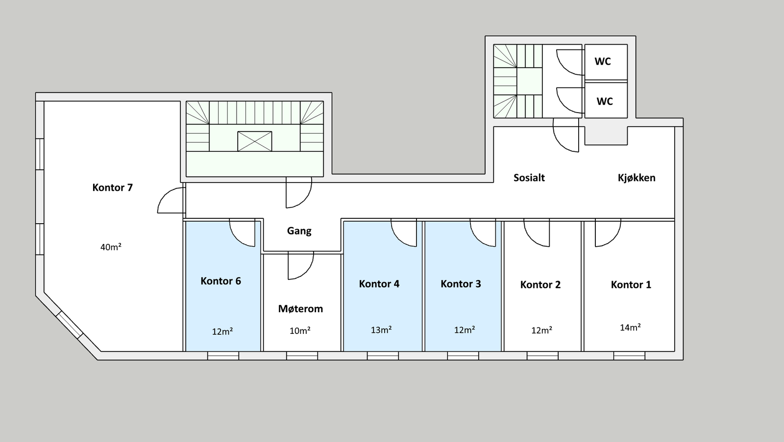 Plantegning av lokalet. Ledige celler er markert i blått. Galleribilde