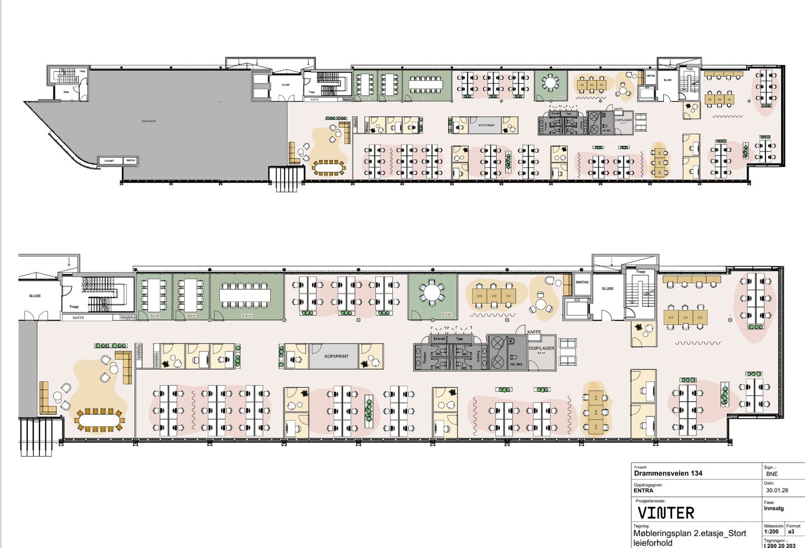Lokalet på 1511 m2 kan romme ca 103 arb.pl i åpent landskap med tilhørende støtterom og møterom. Galleribilde