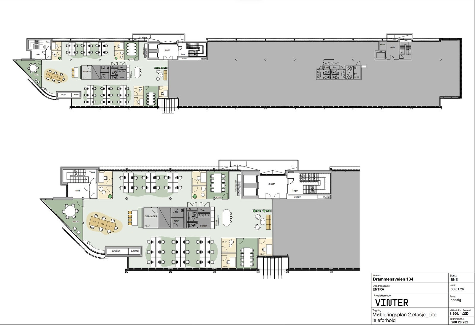 Etasjen kan deles i to. Det minste leieforholdet vil da være på 688 kvm BTA og viste forslag til møblerings plan inneholder ca 30 arb.pl i åpent landskap med tilhørende støtterom og møterom Galleribilde
