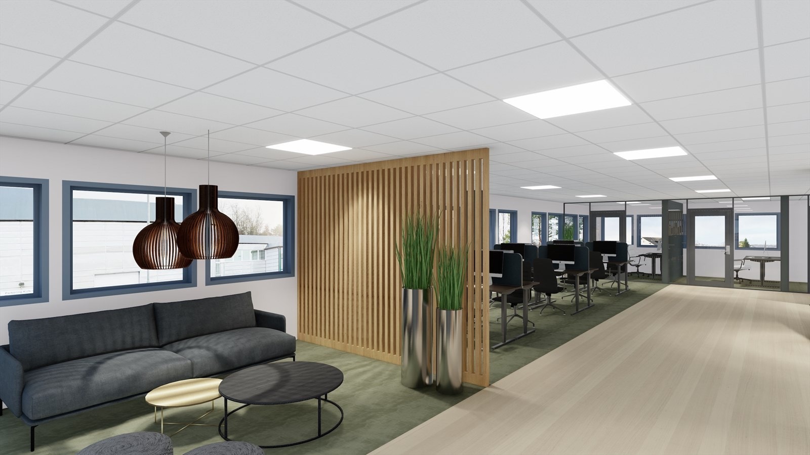 Forslag til innredning og løsninger for de ledige lokalene i 2. etg. BTA ca. 474 m² som kan leies samlet eller deles mellom to leietakere Galleribilde