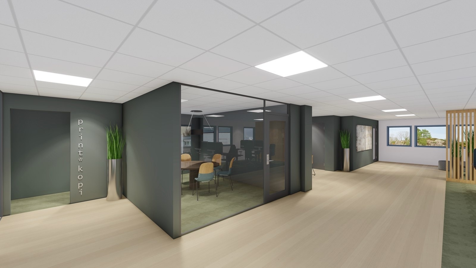 Forslag til innredning og løsninger for de ledige lokalene i 2. etg. BTA ca. 474 m² som kan leies samlet eller deles mellom to leietakere Galleribilde