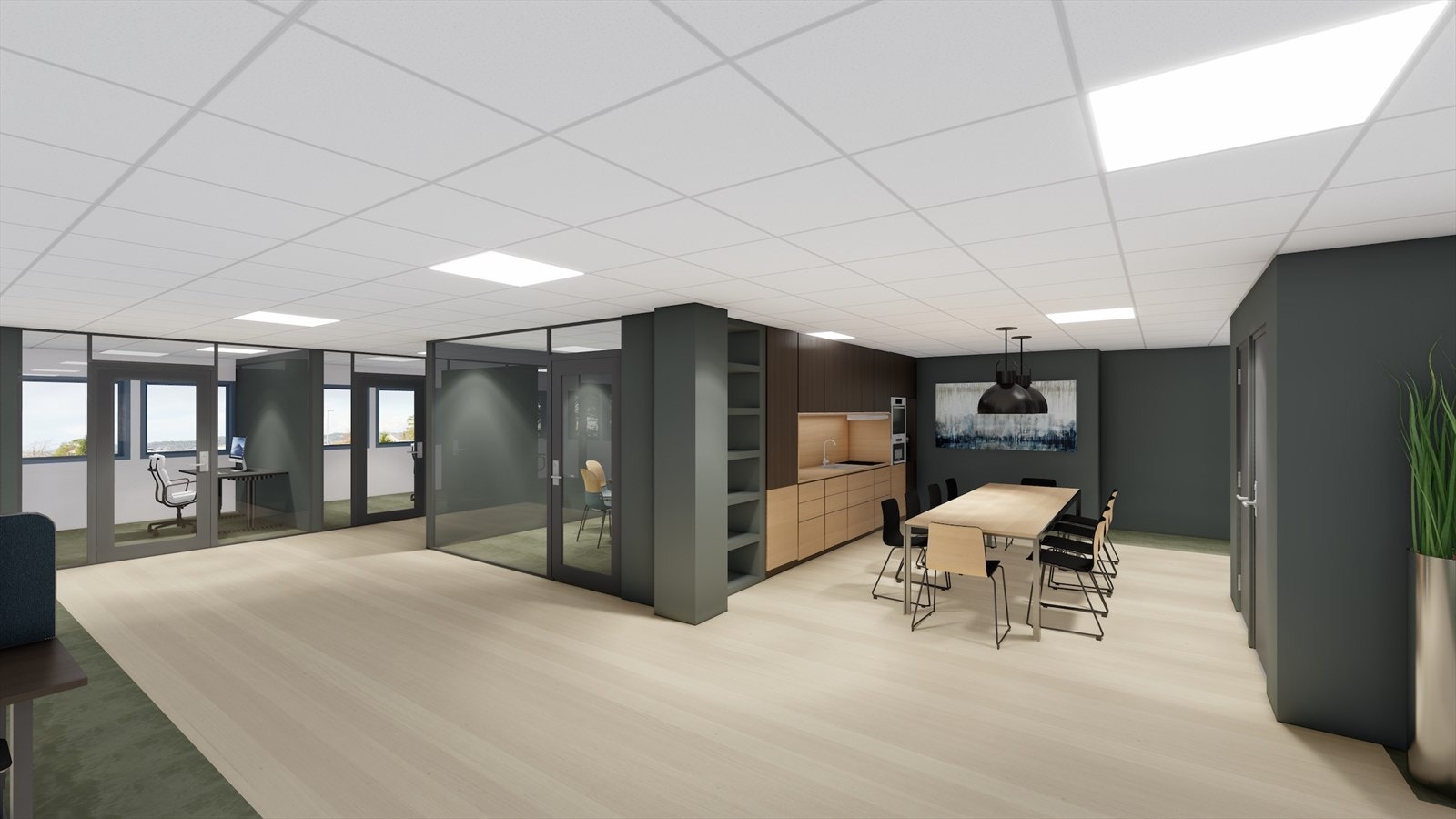 Forslag til innredning og løsninger for de ledige lokalene i 2. etg. BTA ca. 474 m² som kan leies samlet eller deles mellom to leietakere Galleribilde