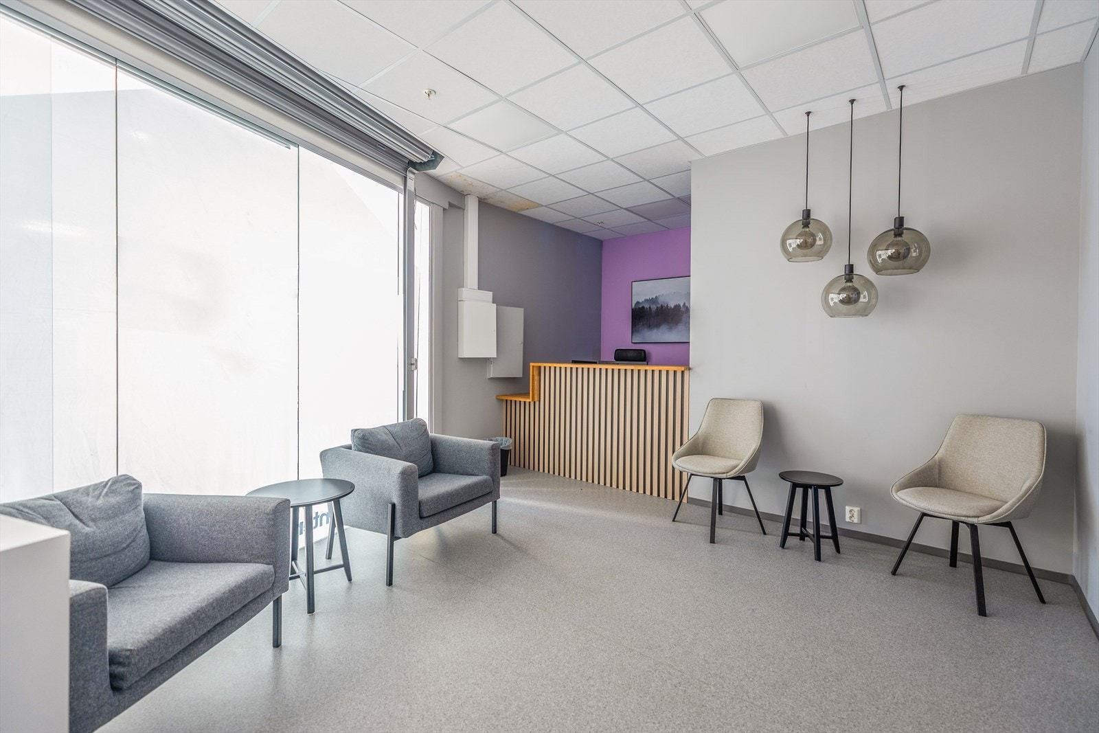 Hyggelig resepsjonsområde rett innenfor glassfronten Galleribilde