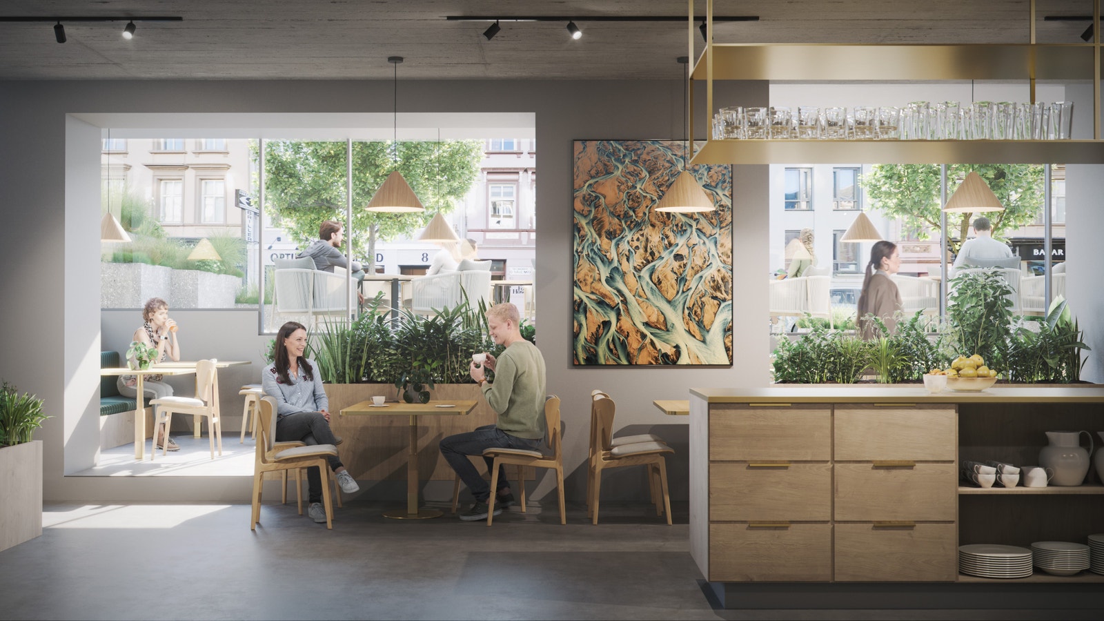 Restaurant - åpent for både ansatte og publikum, noe som bidrar til å vitalisere området og skape et dynamisk miljø i bygget Galleribilde