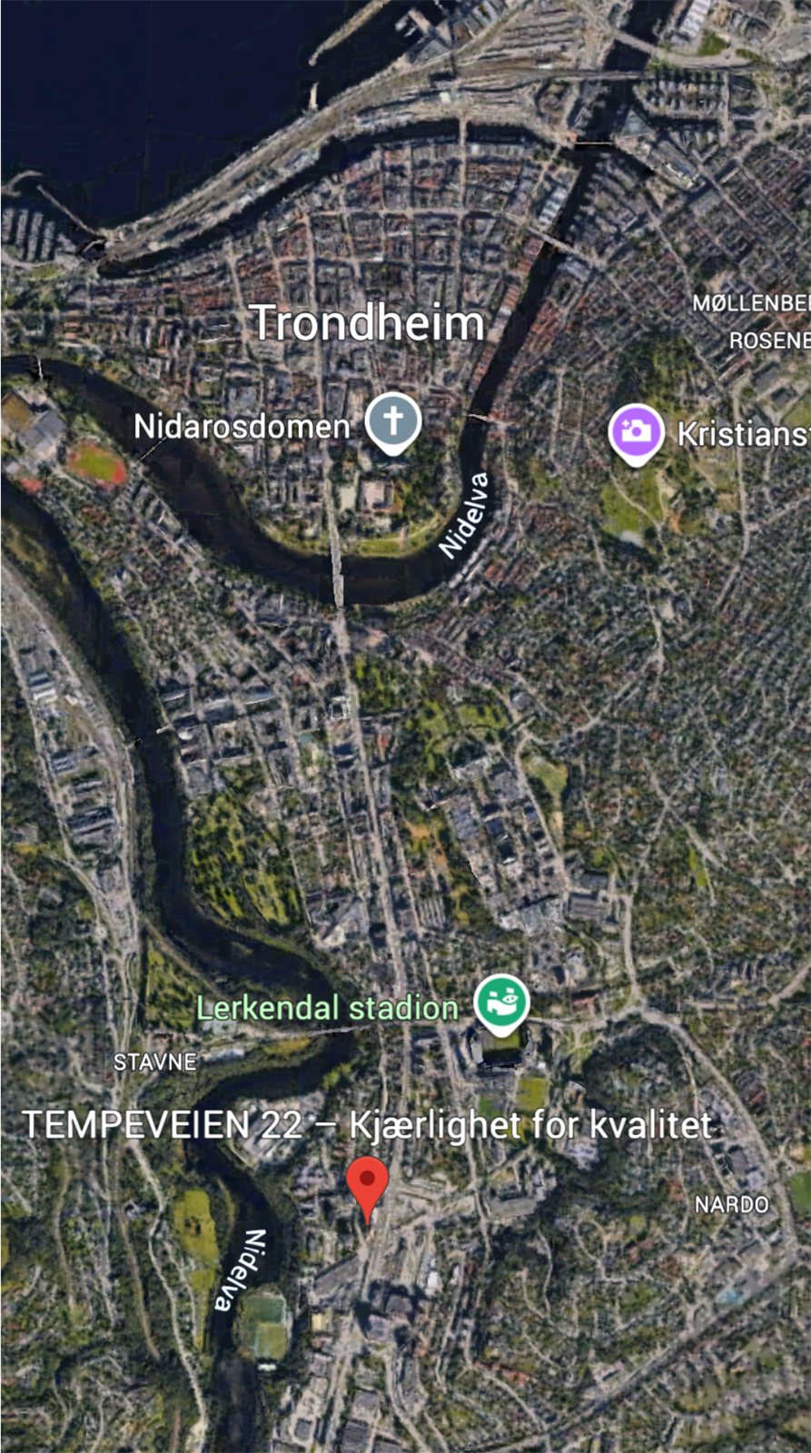 Flyfoto som viser nærhet til sentrum, Lerkendal, Gløshaugen og E6 syd Galleribilde